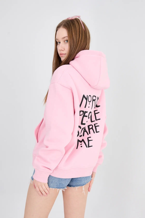 Kapüşonlu İçi Polar Normal People Scare Me Baskılı Pembe Unisex Hoodie Sweatshirt