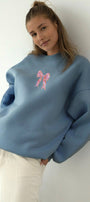 Kadın Oversize Sweatshirt Pembe Kurdele Baskılı Marine – Bisiklet Yaka, 3 İplik Şardonlu Polar