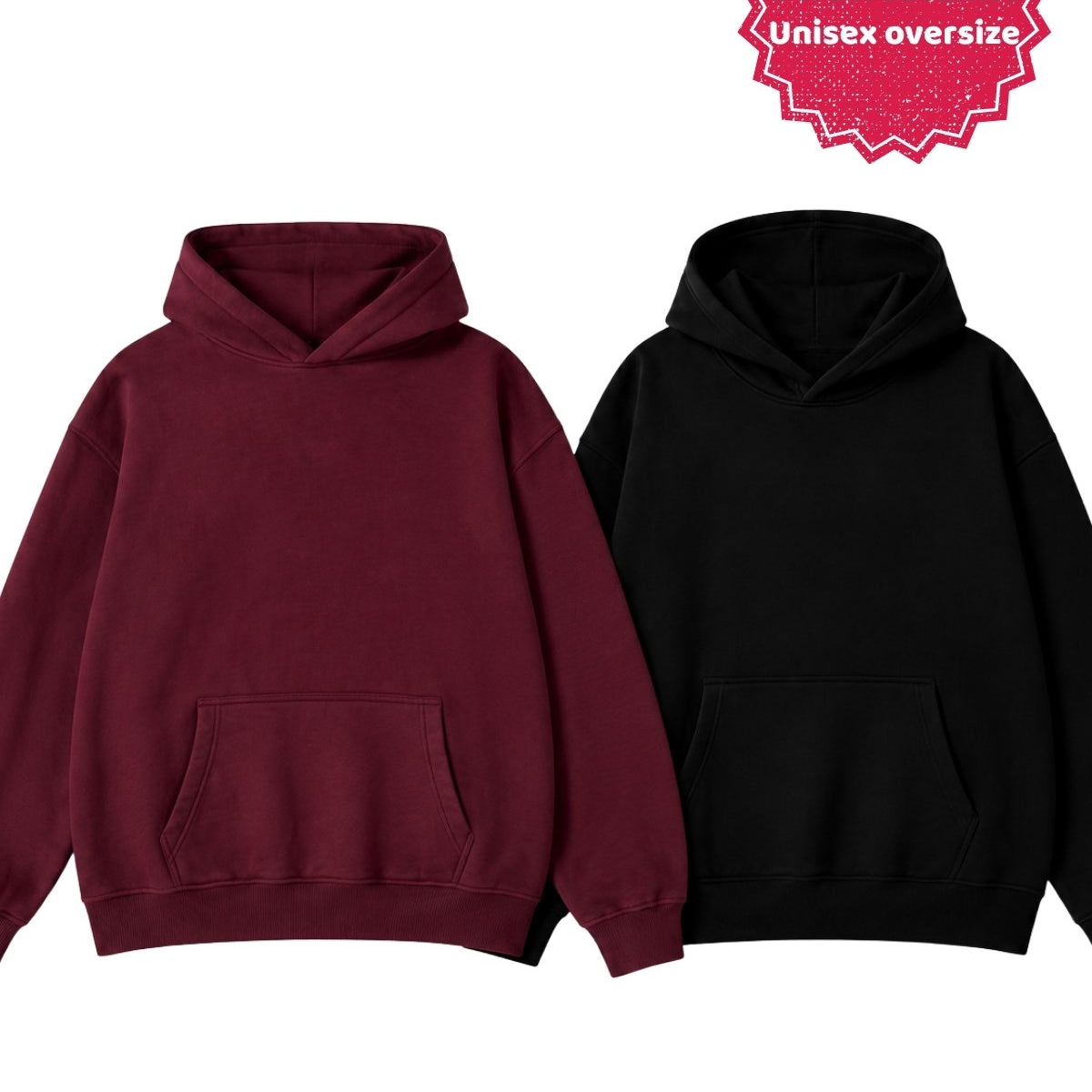 Unisex 2’li Oversize Basic Hoodie Siyah & Bordo – Kapüşonlu, Cepli, 3 İplik Şardonlu Polar