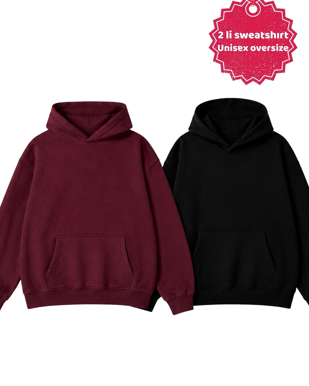 Unisex 2’li Oversize Basic Hoodie Siyah & Bordo – Kapüşonlu, Cepli, 3 İplik Şardonlu Polar