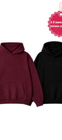 Unisex 2’li Oversize Basic Hoodie Siyah & Bordo – Kapüşonlu, Cepli, 3 İplik Şardonlu Polar