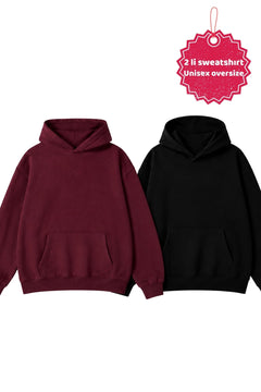 Unisex 2’li Oversize Basic Hoodie Siyah & Bordo – Kapüşonlu, Cepli, 3 İplik Şardonlu Polar