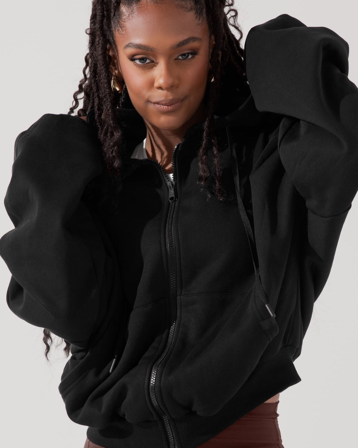 Kadın Siyah Kapüşonlu Ceket Sweatshirt Fermuarlı 3 İplik Şardonlu Oversize Kesim
