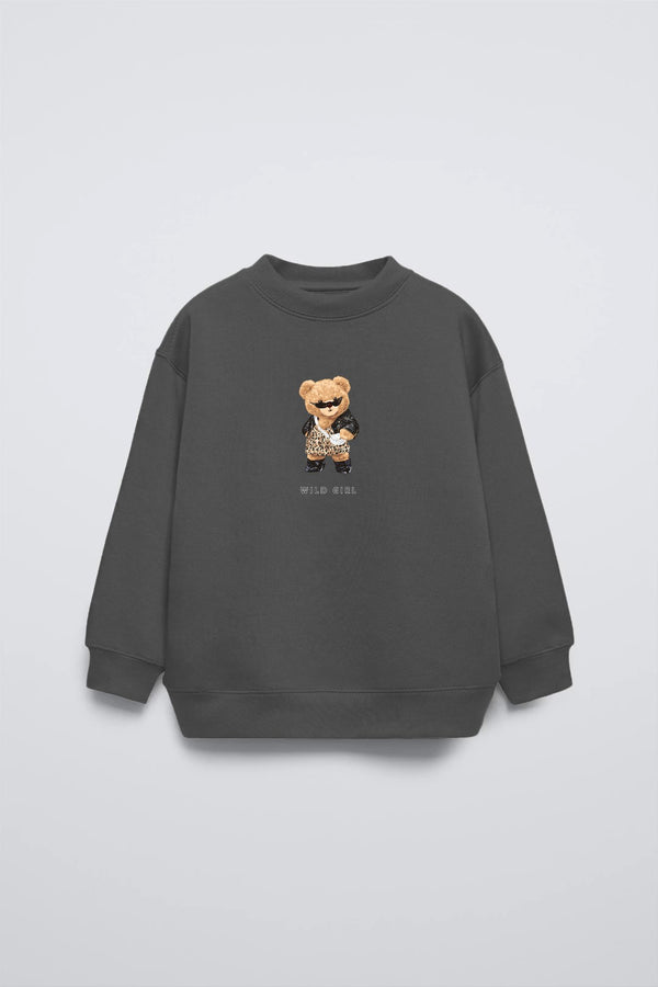 Füme Bisiklet Yaka Leopar Teddy Baskılı Oversize Çocuk Sweatshirt