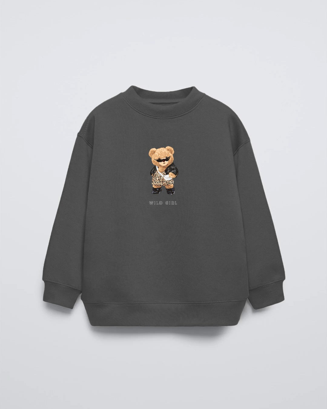 Füme Bisiklet Yaka Leopar Teddy Baskılı Oversize Çocuk Sweatshirt