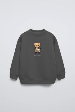Füme Bisiklet Yaka Leopar Teddy Baskılı Oversize Çocuk Sweatshirt