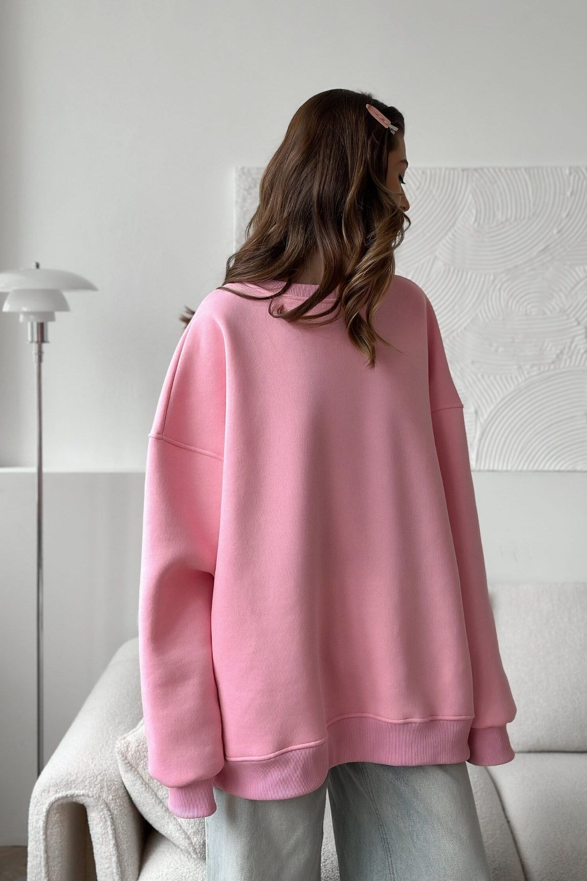 Kadın Oversize Sweatshirt Elbise Basic Pembe – Bisiklet Yaka, 3 İplik Şardonlu Polar