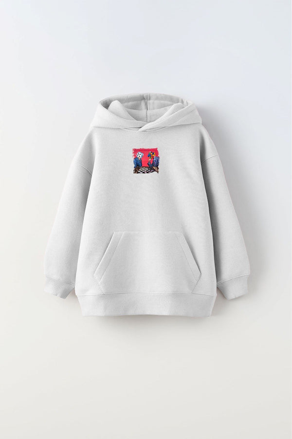 Kapüşonlu İçi Polar Satranç Baskılı Beyaz Unisex Çocuk Hoodie Sweatshirt