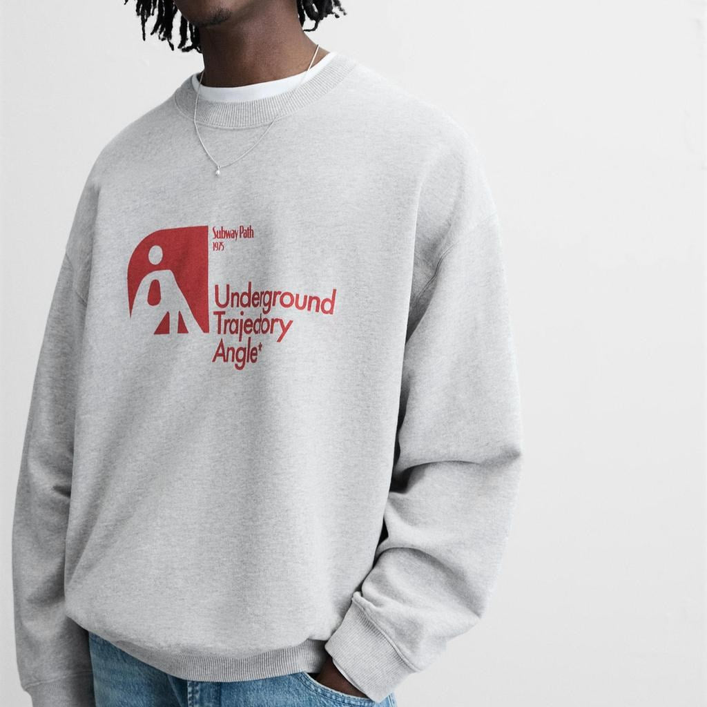 Grey Melange Underground Trajectory Angle Written Crew Neck Oversize Sweatshirt