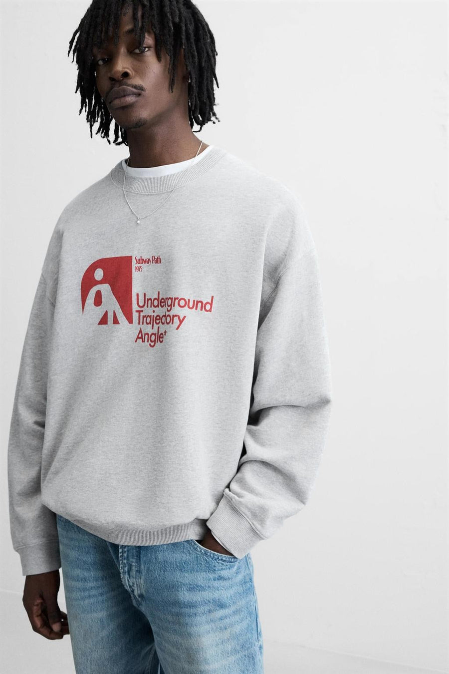 Erkek Gri Melanj Underground Trajectory Angle Yazılı Bisiklet Yaka Oversize Sweatshirt