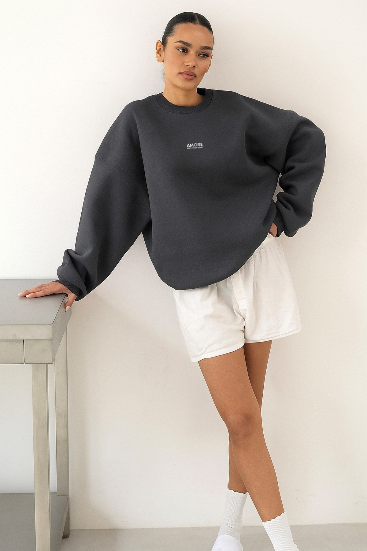 Kadın Oversize Sweatshirt AMORE Füme – Bisiklet Yaka, 3 İplik Şardounlu Polar