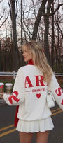 Kadın Oversize Sweatshirt Paris 3D Baskılı Beyaz – Bisiklet Yaka, Kol ve Sırt Baskılı, 3 İplik