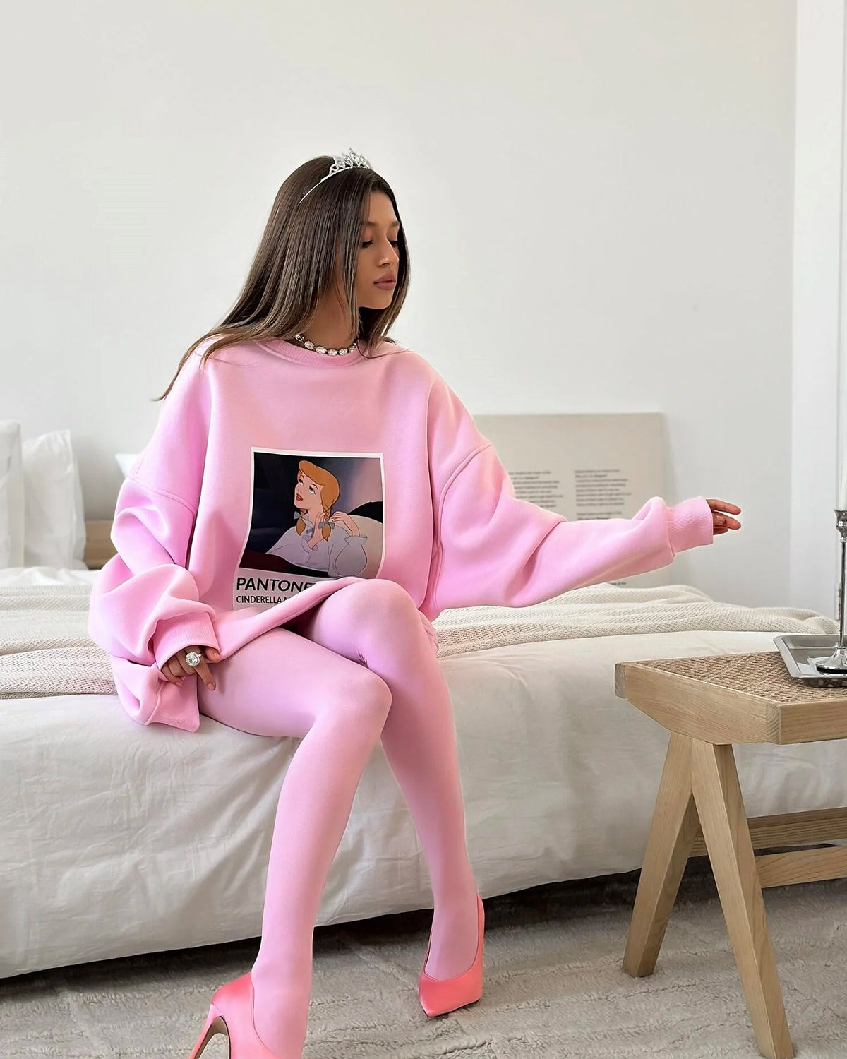 Kadın Oversize Sweat Elbise Pembe – 3 İplik Şardonlu , Bisiklet Yaka, Pantone – prenses baskılı