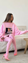 Kadın Oversize Sweat Elbise Pembe – 3 İplik Şardonlu , Bisiklet Yaka, Pantone – prenses baskılı