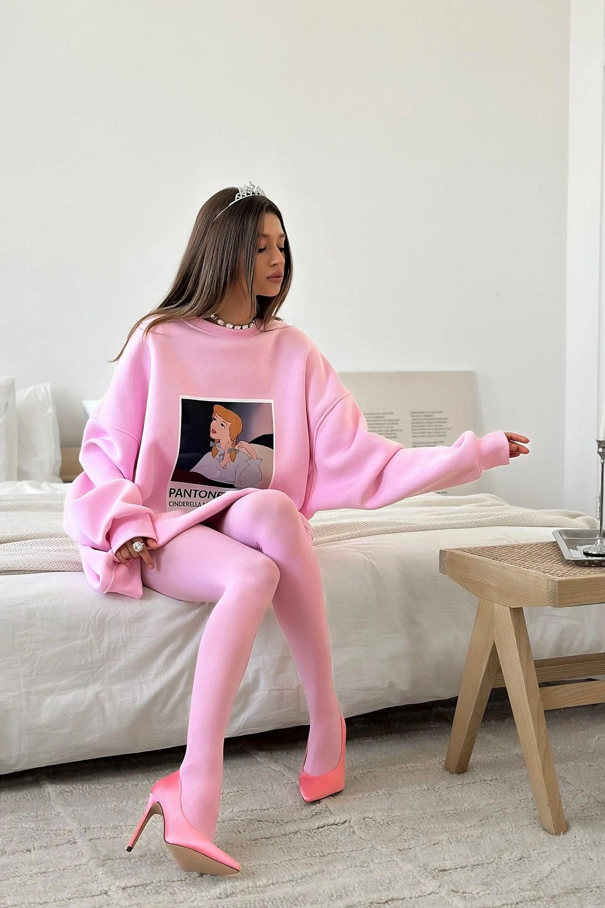 Kadın Oversize Sweat Elbise Pembe – 3 İplik Şardonlu , Bisiklet Yaka, Pantone – prenses baskılı