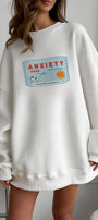 Kadın Oversize Sweatshirt Elbise Anxiety Bar Baskılı Beyaz – Bisiklet Yaka, 3 İplik Şardonlu Polar
