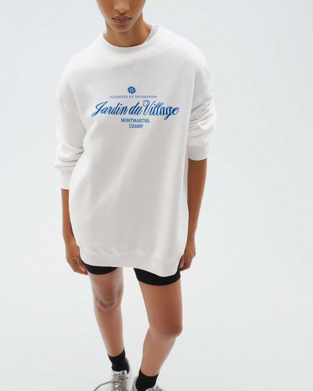 Beyaz Bisiklet Yaka İçi Polar Jardin Du Village Yazı Baskılı Oversize Sweatshirt