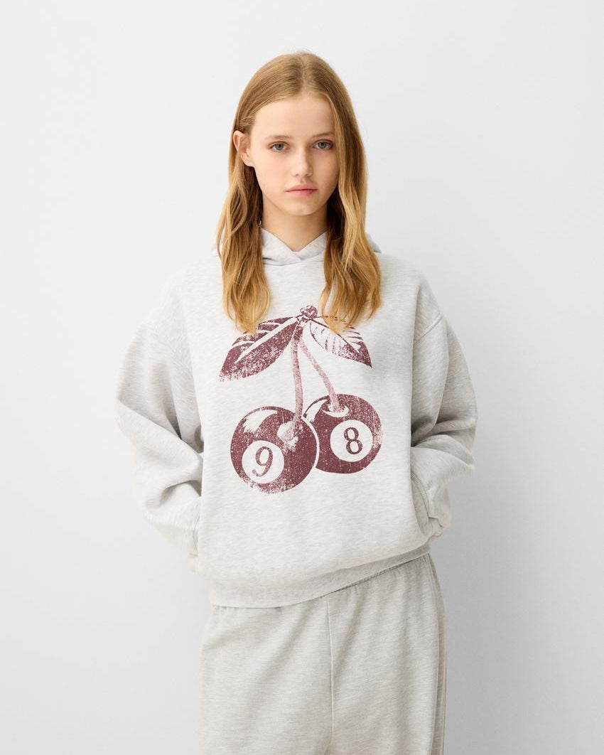 Gri  Unisex 98 Cherries Baskılı Main Charactery Enegy Only Yazılı Kapüşonlu Oversize Hoodie