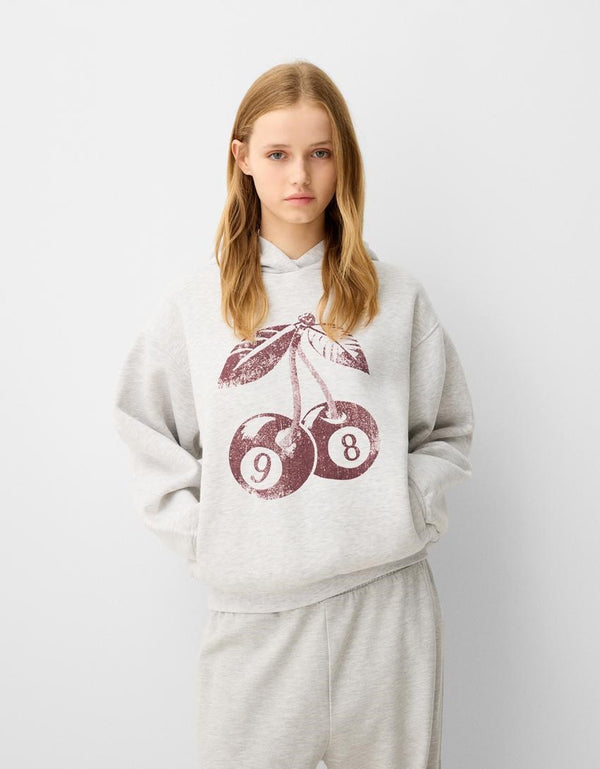 Gri  Unisex 98 Cherries Baskılı Main Charactery Enegy Only Yazılı Kapüşonlu Oversize Hoodie