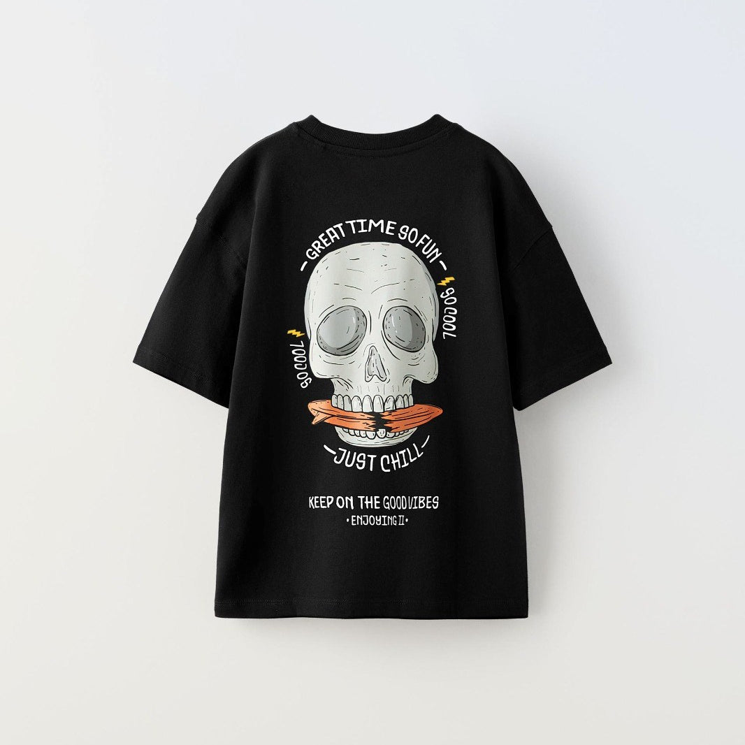 Great Time So Fun Yazılı Kuru Kafa Tasarım Baskılı Siyah Çocuk T-Shirt