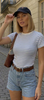 Kadın Çizgili Slim Fit Tişört Marine– Bisiklet Yaka, Kısa Kollu