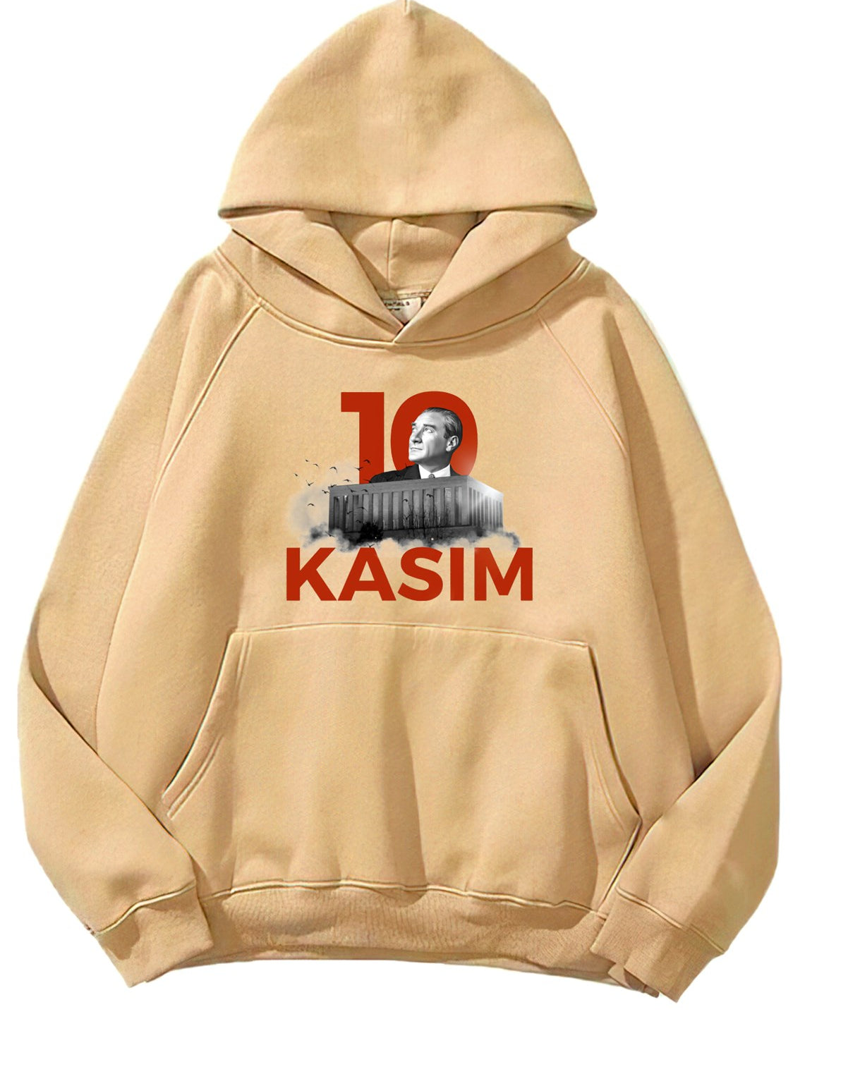 Kapüşonlu İçi Polar Kemal Atatürk 10 Kasım Baskılı Bej Unisex Hoodie Sweatshirt