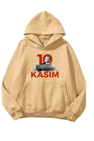 Kapüşonlu İçi Polar Kemal Atatürk 10 Kasım Baskılı Bej Unisex Hoodie Sweatshirt