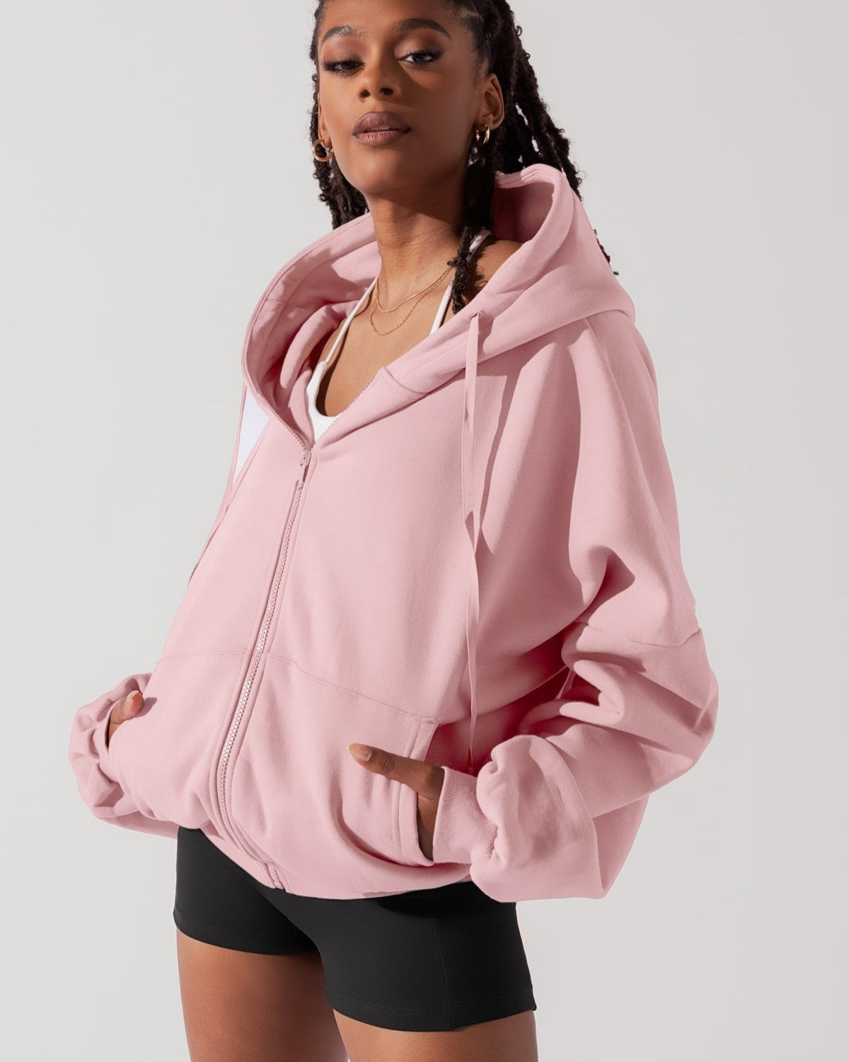Kadın Pembe Kapüşonlu Sweatshirt Fermuarlı 3 İplik Şardonlu Oversize Kesim
