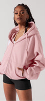 Kadın Pembe Kapüşonlu Sweatshirt Fermuarlı 3 İplik Şardonlu Oversize Kesim