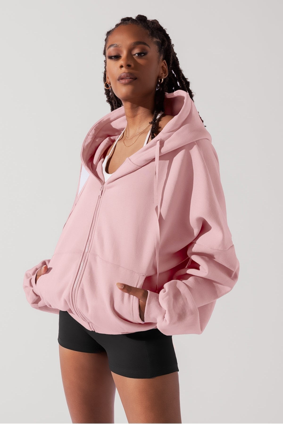 Kadın Pembe Kapüşonlu Sweatshirt Fermuarlı 3 İplik Şardonlu Oversize Kesim