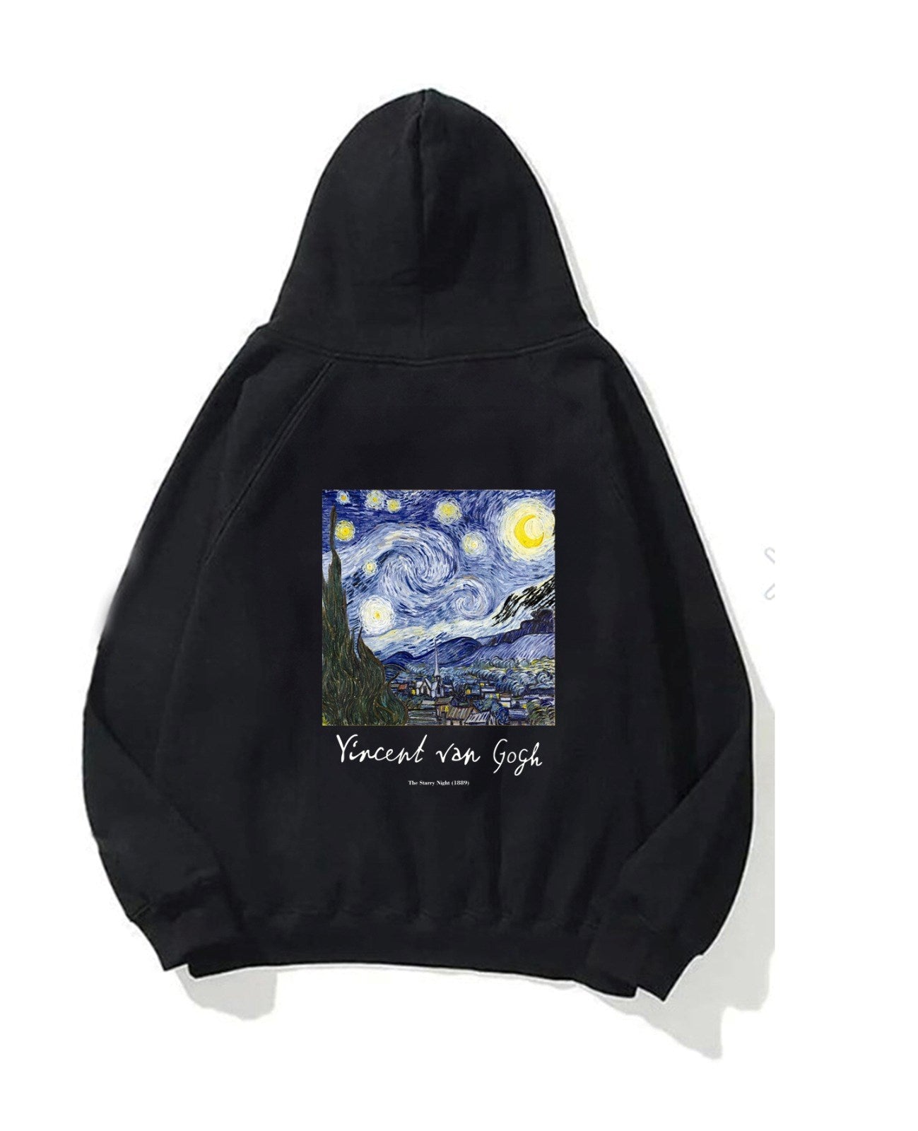Kapüşonlu İçi Polar Vincent Van Gogh Baskılı Siyah Unisex Hoodie Sweatshirt