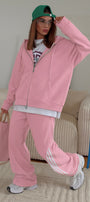 Kadın Oversize Eşofman Takımı Pembe – Kapüşonlu Fermuarlı, Şerit Detaylı, Bağcıklı Bel, Bol paça