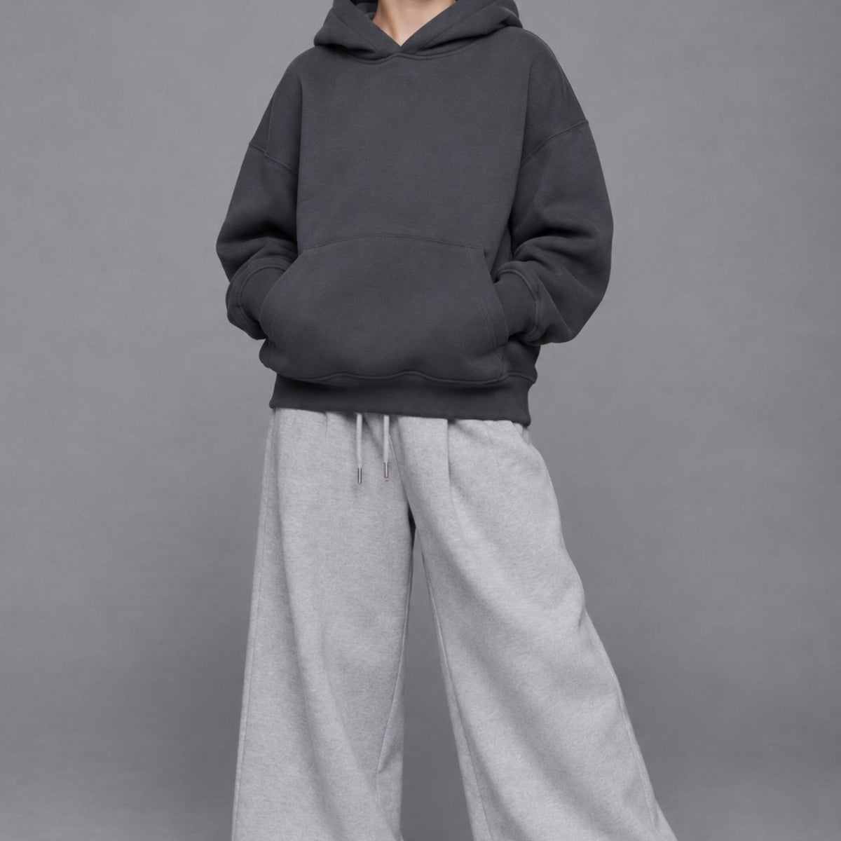 Kız Çocuk Oversize Basic Hoodie Sweatshirt Füme – Kapüşonlu, Kanguru Cepli, 3 İplik Polar