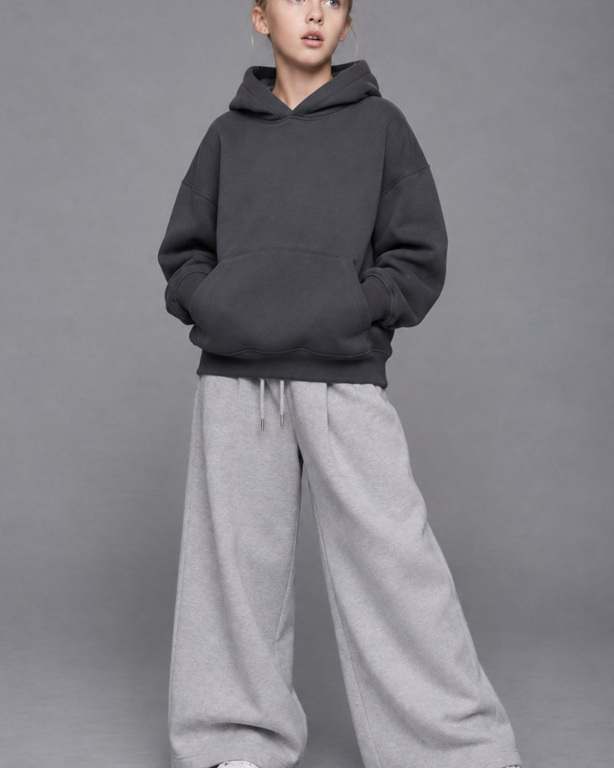 Kız Çocuk Oversize Basic Hoodie Sweatshirt Füme – Kapüşonlu, Kanguru Cepli, 3 İplik Polar