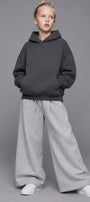 Kız Çocuk Oversize Basic Hoodie Sweatshirt Füme – Kapüşonlu, Kanguru Cepli, 3 İplik Polar