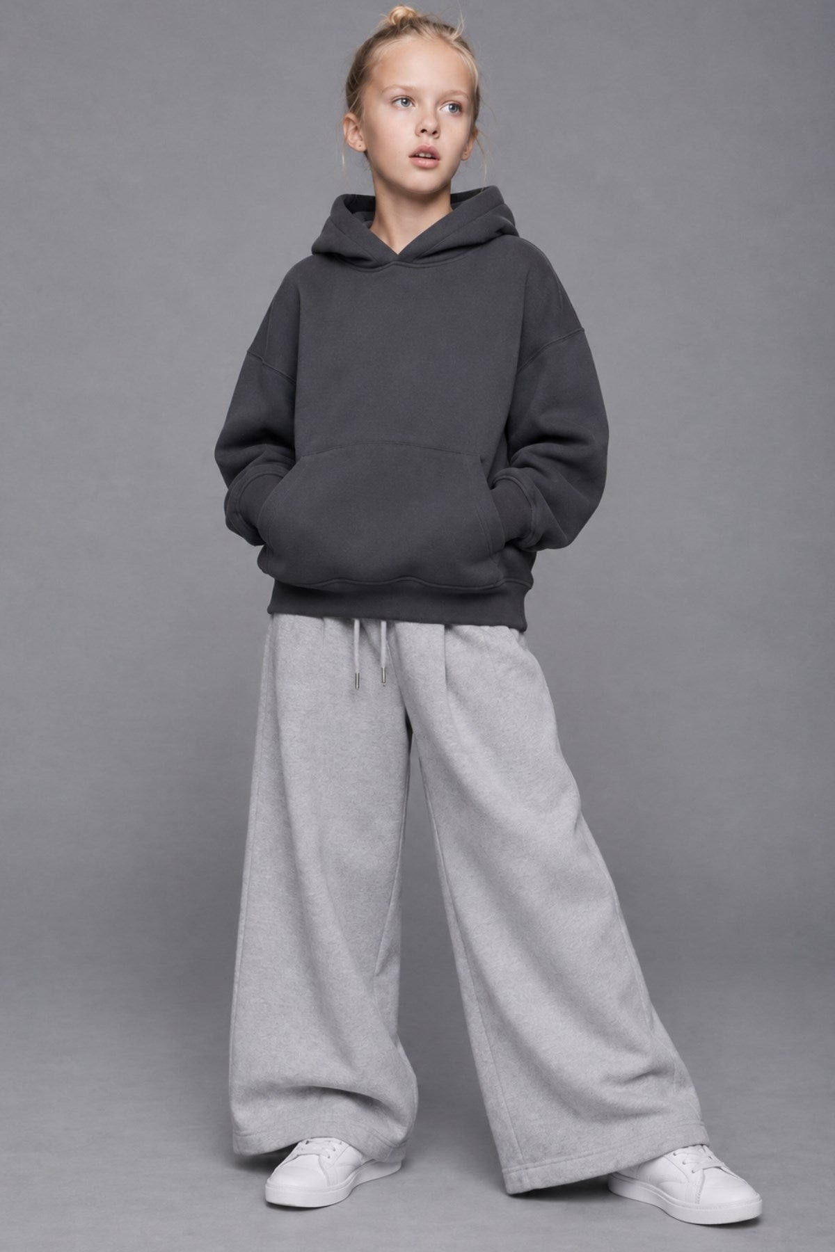 Kız Çocuk Oversize Basic Hoodie Sweatshirt Füme – Kapüşonlu, Kanguru Cepli, 3 İplik Polar