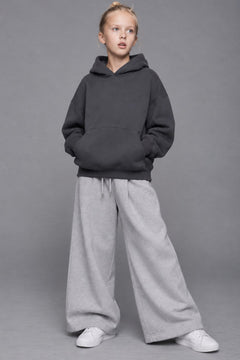 Kız Çocuk Oversize Basic Hoodie Sweatshirt Füme – Kapüşonlu, Kanguru Cepli, 3 İplik Polar