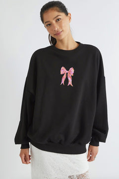 Kadın Oversize Sweatshirt Pembe Kurdele Baskılı Siyah – Bisiklet Yaka, 3 İplik Şardonlu Polar