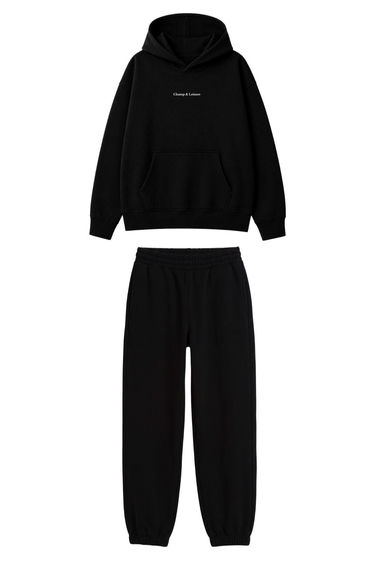 Unisex Oversize Eşofman Takımı Champ & Leisure Baskılı Siyah–3 İplik Polar, Kapüşonlu Üst, Lastikli Alt