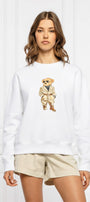 Kadın Oversize Sweatshirt Trench Bear Baskılı Beyaz – Bisiklet Yaka, 3 İplik Şardonlu