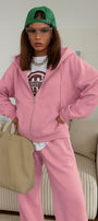 Kadın Oversize Eşofman Takımı Pembe – Kapüşonlu Fermuarlı, Şerit Detaylı, Bağcıklı Bel, Bol paça