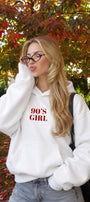 Kadın Oversize Hoodie 90’s Girl Baskılı Beyaz – Kapüşonlu, Kanguru Cepli, 3 İplik Polar