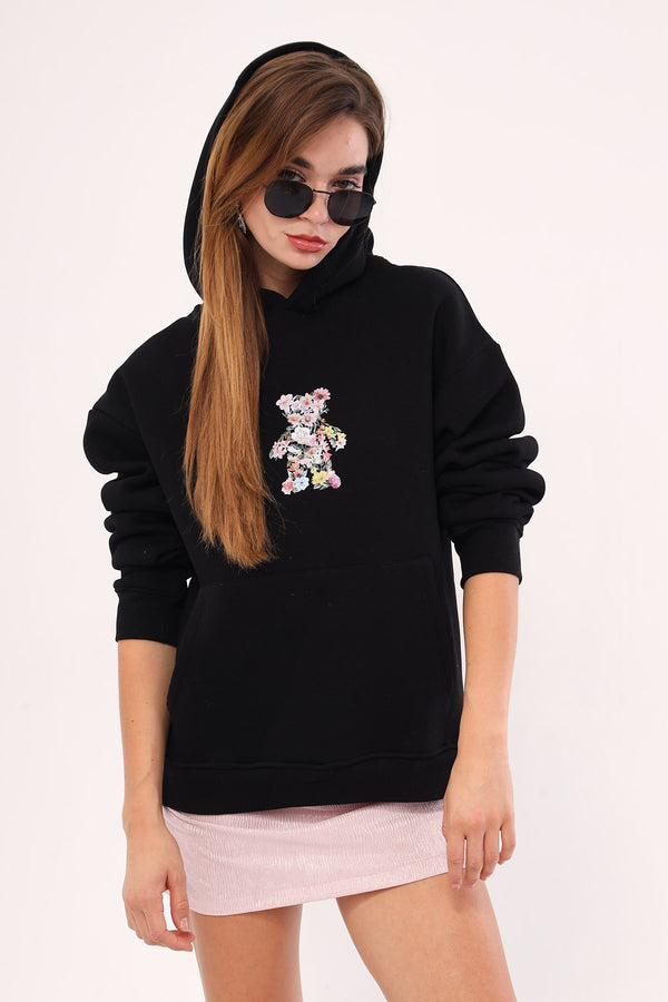 Kapüşonlu İçi Polar Çiçekli Teddy Bear Baskılı Siyah Unisex Hoodie Sweatshirt