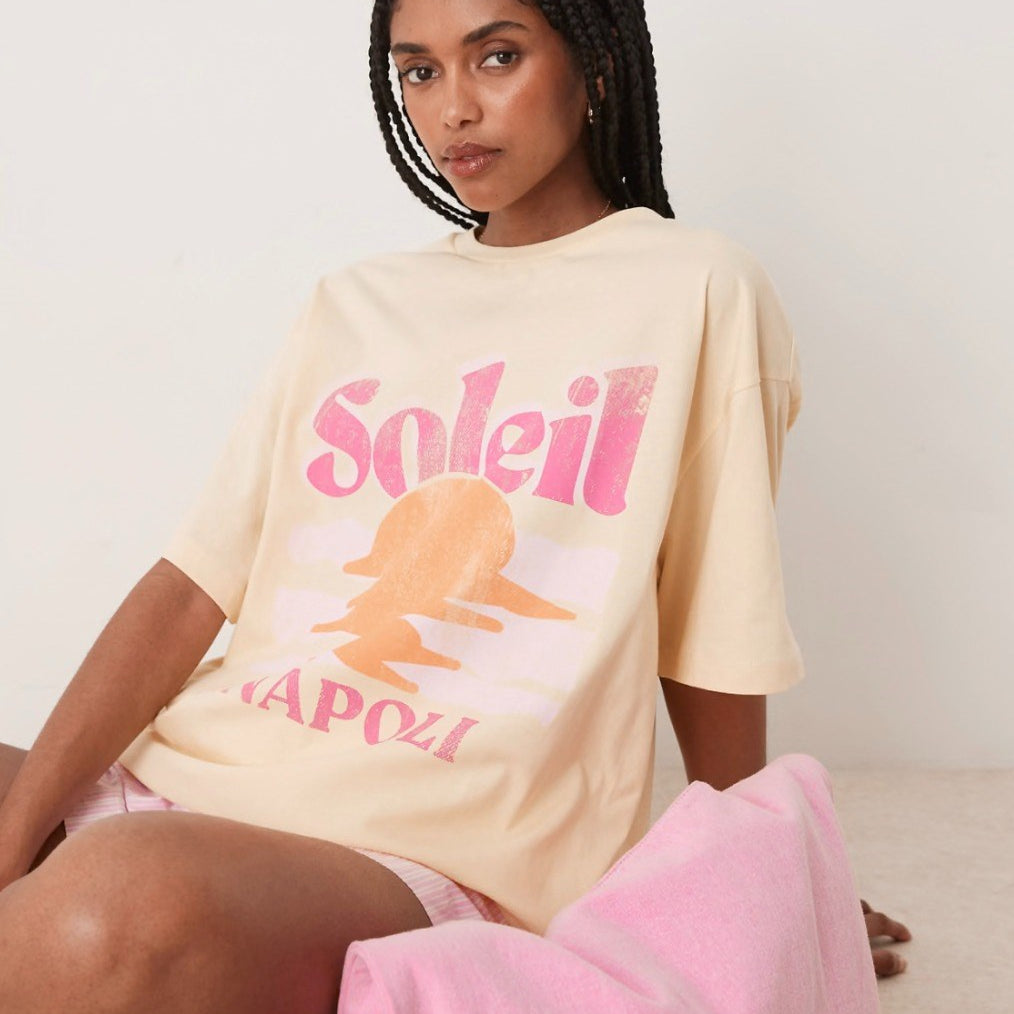 Kadın Sarı Oversize Soleil Yazılı Yazlık Güneş Desenli Tişört