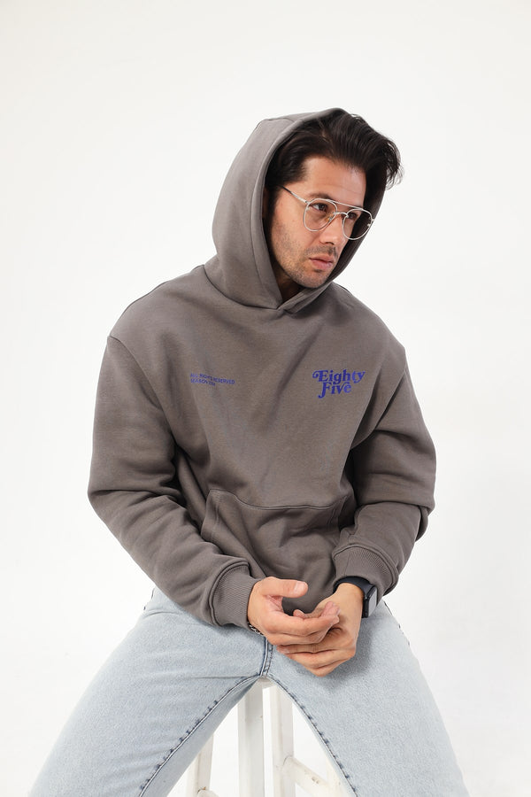 Kapüşonlu İçi Polar Eighty Five Yazı Baskılı Füme Hoodie Oversize Sweatshirt