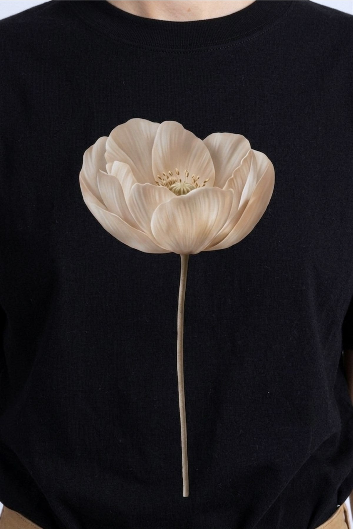 Kadın Oversize Tişört Pure Bloom Baskılı Siyah – Bisiklet Yaka, Rahat Kalıp, %100 Pamuk