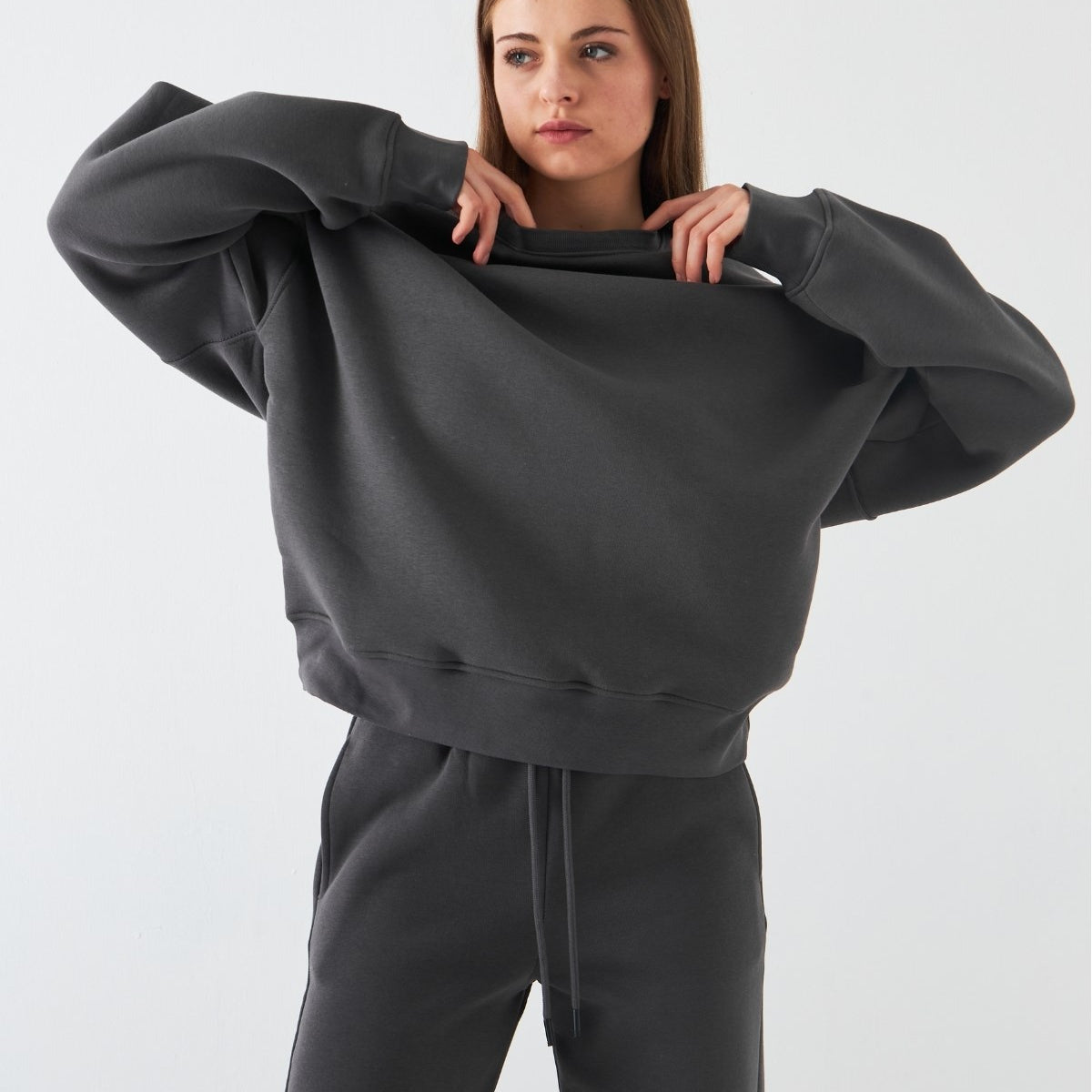Unisex Oversize Sweatshirt Basic Füme – Bisiklet Yaka, 3 İplik Şardonlu Polar