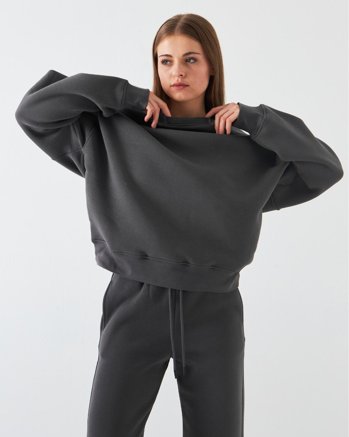 Unisex Oversize Sweatshirt Basic Füme – Bisiklet Yaka, 3 İplik Şardonlu Polar