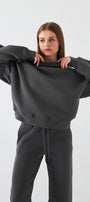 Unisex Oversize Sweatshirt Basic Füme – Bisiklet Yaka, 3 İplik Şardonlu Polar