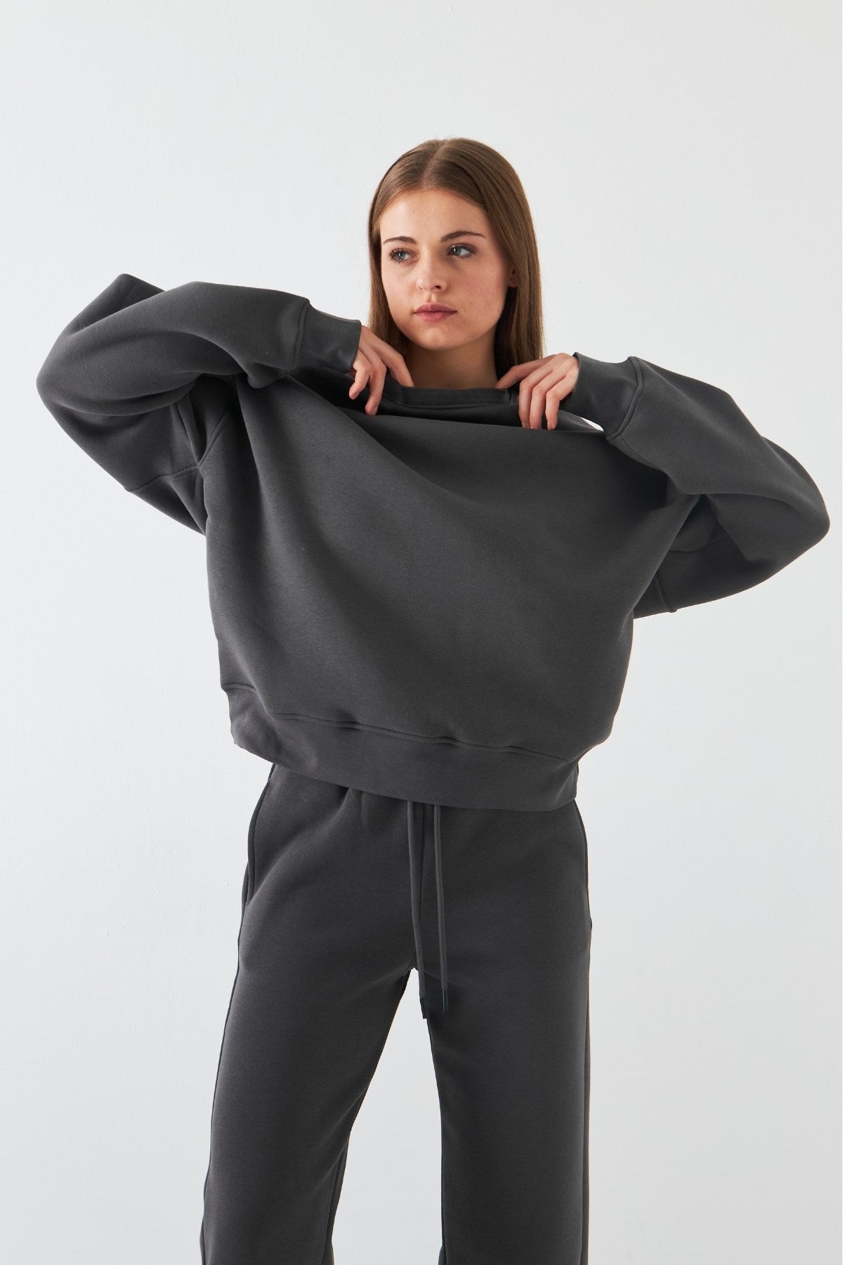 Unisex Oversize Sweatshirt Basic Füme – Bisiklet Yaka, 3 İplik Şardonlu Polar